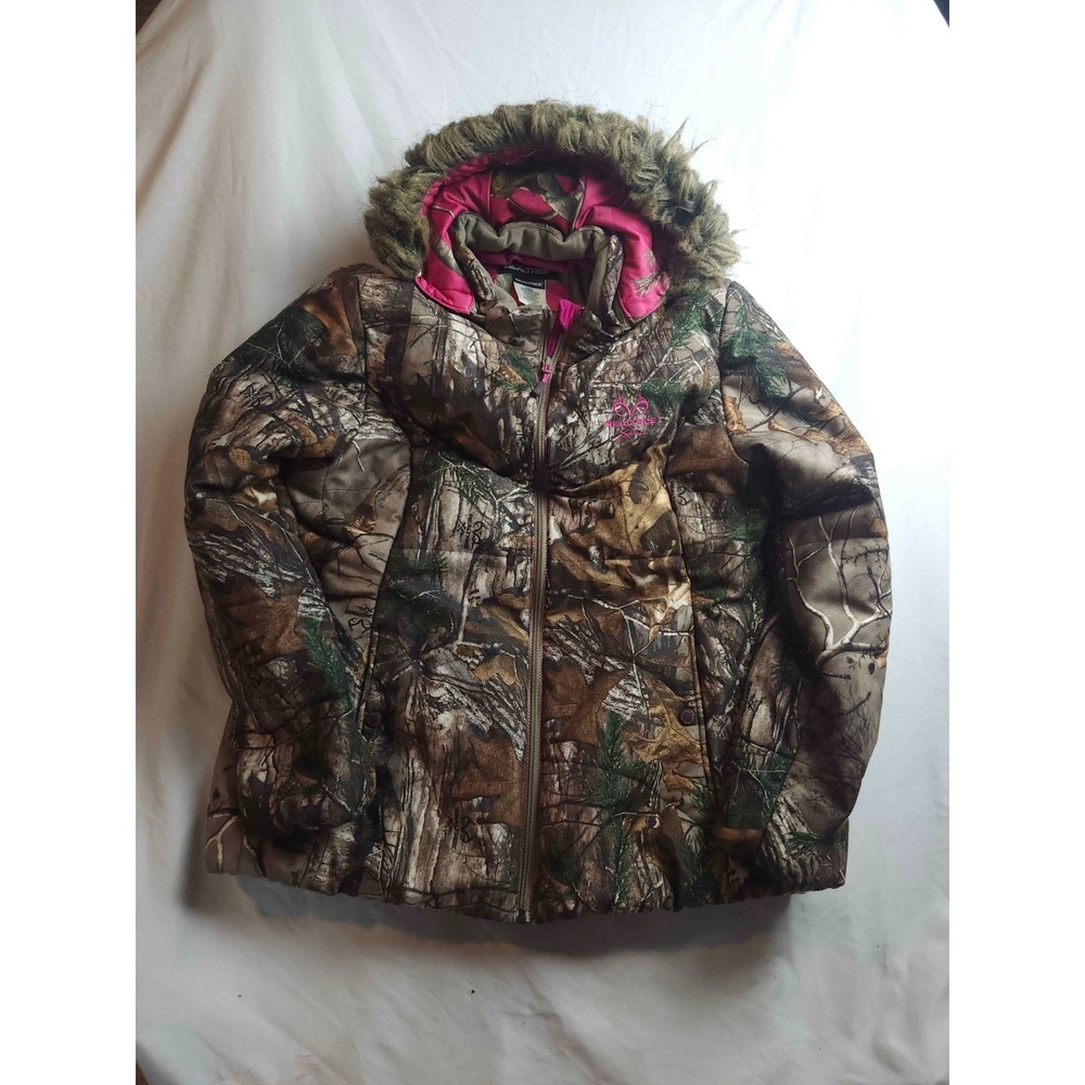 Realtree Puffer Jacket Womens XL 46-48 Pink Hood Camo Faux Fur Winter Gorpcore
